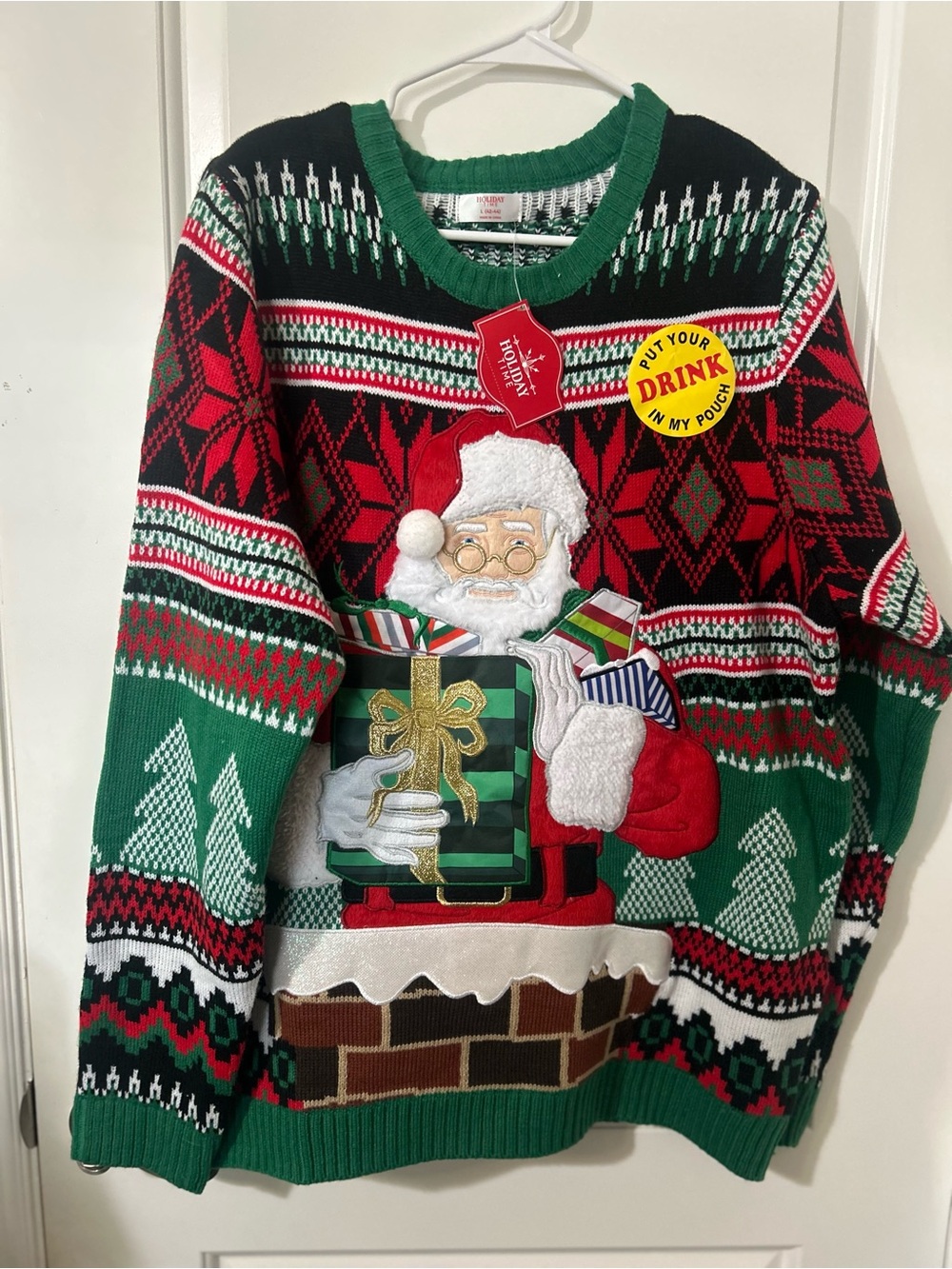 Holiday Time Green & Red Santa Crewneck Sweater